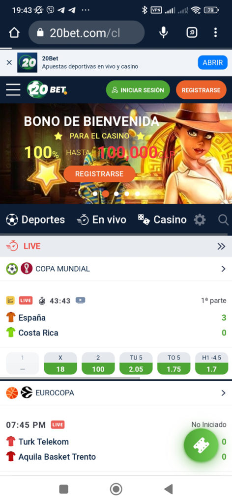 Acceda al sitio web de la casa de apuestas 20bet Chile utilizando su navegador favorito Paso 1