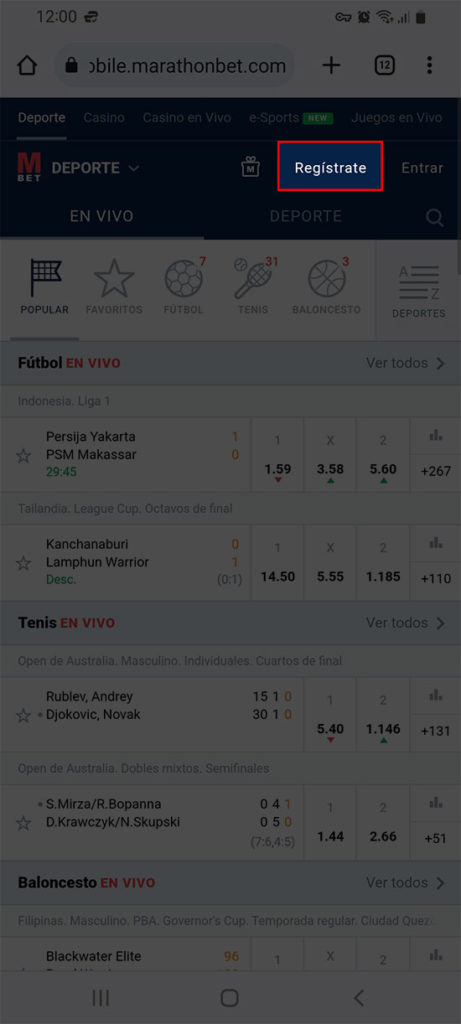 Vaya a la página web oficial de Marathonbet y haga clic en el botón de registro situado en la esquina superior derecha, Paso 1