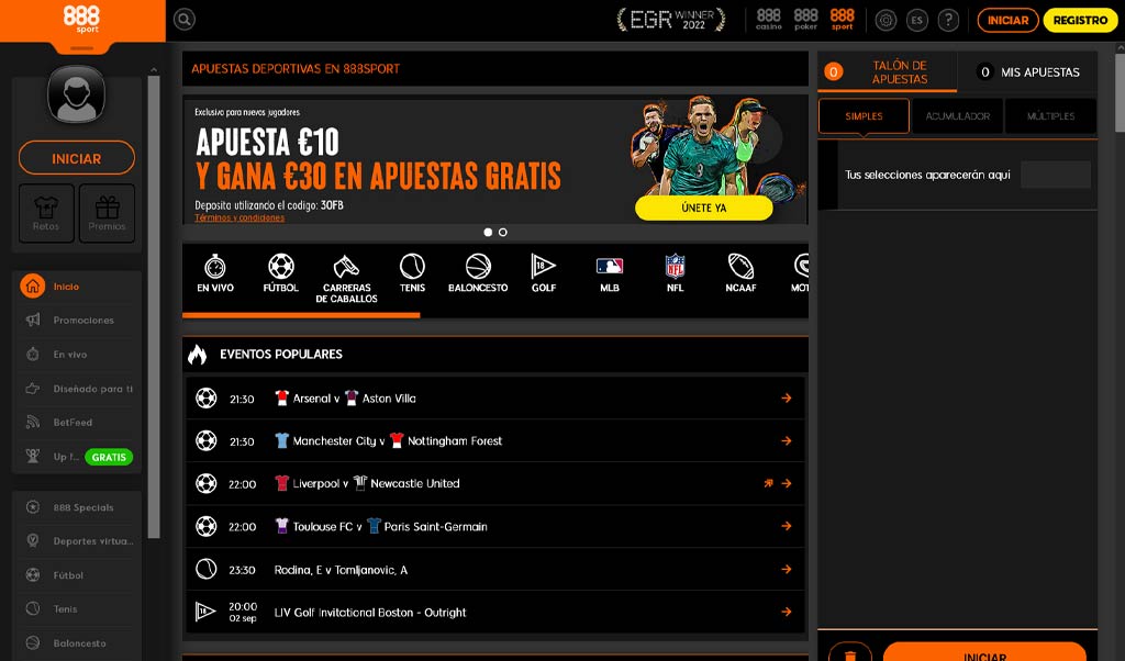 Interfaz del sitio web de la casa de apuestas internacional de 888Sport