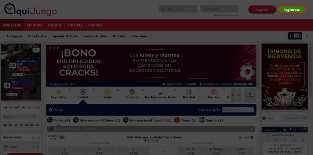 Accede a la web de la casa de apuestas Aquijuego y haz clic en el botón verde de registro
