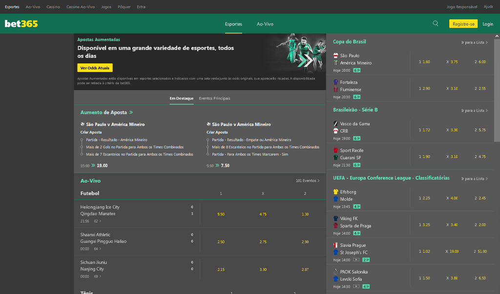 Interfaz del sitio web de la casa de apuestas internacional de Bet365