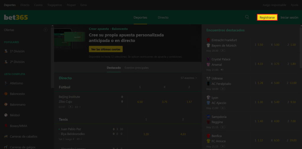 Cómo registrarse en la página web de la casa de apuestas Bet365 en Colombia Paso 1