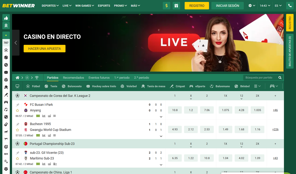 Interfaz del sitio web de la casa de apuestas internacional de Betwinner