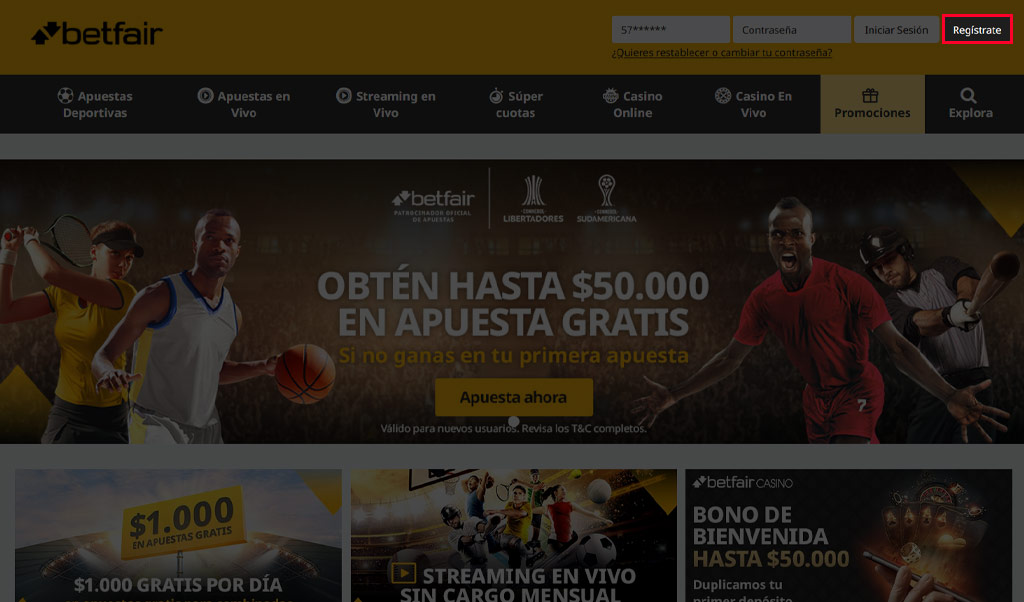 Vaya a la página oficial de la casa de apuestas Betfair con su navegador y haga clic en el botón de registro en la esquina superior derecha