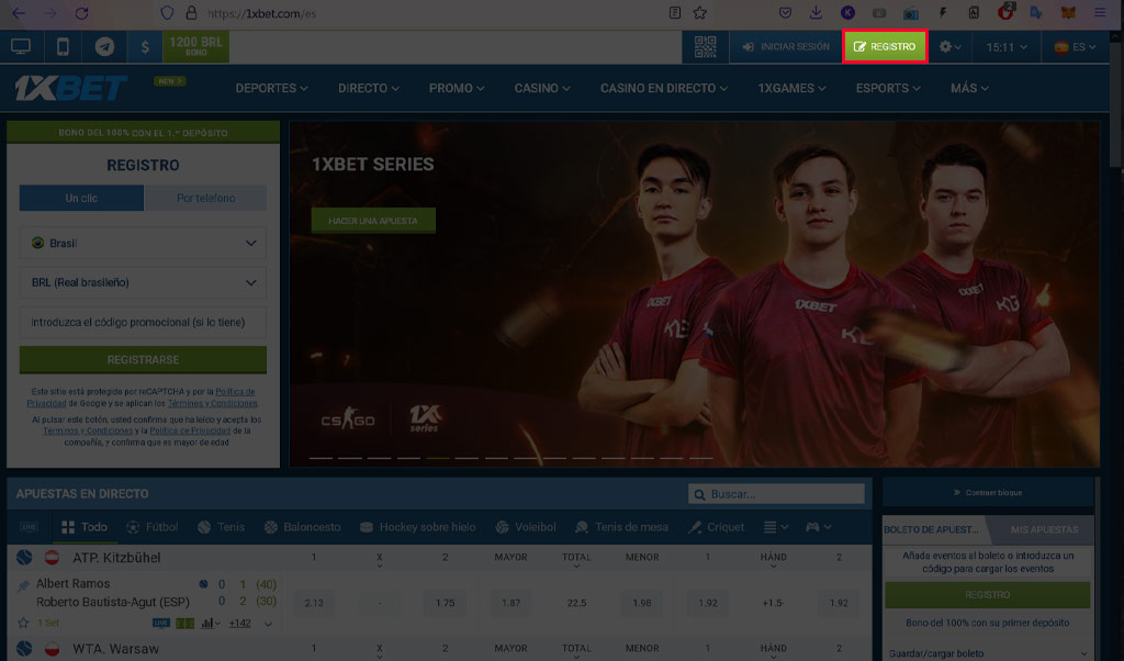 Vaya al sitio web oficial de la casa de apuestas 1xBet con su navegador favorito y siga el proceso de registro Paso 1