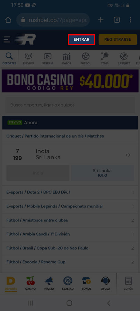 Vaya a la página oficial de la casa de apuestas Rushbet e inicie sesión en su cuenta Paso 1