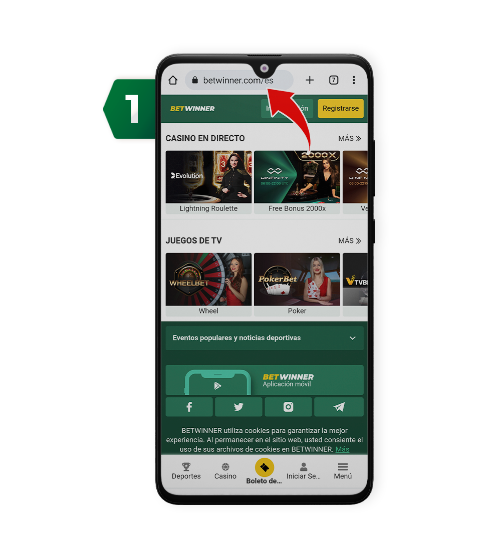 Accede al sitio web de Betwinner. Paso 1