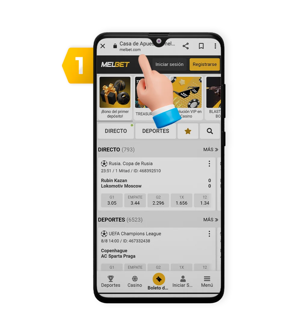 Entra a la plataforma de Melbet. Paso 1